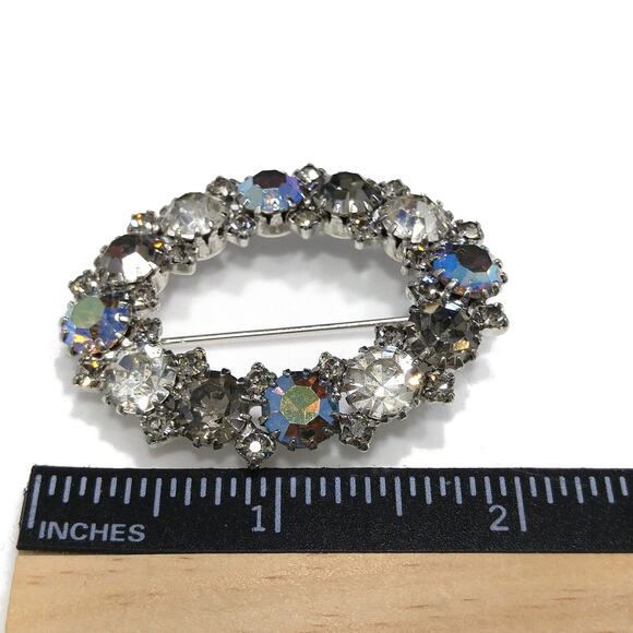 Karu Arke Aurora Borealis Brooch, Clear AB Black Diamond Rhinestones, 1950s - Picture 6 of 10